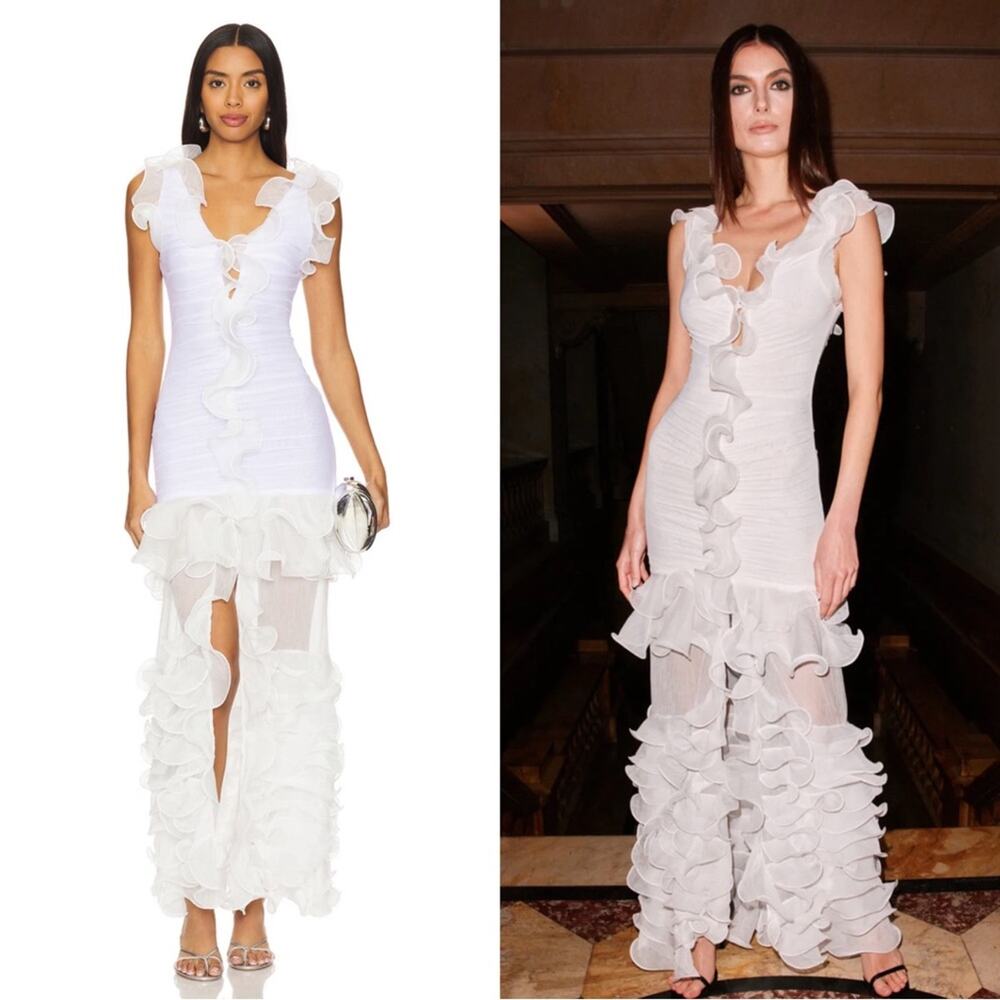 PATBO Stretch Tulle Ruffle Ruched Runway White Bodycon Maxi Dress Size 2